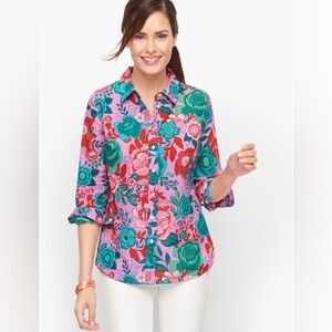 Talbots Sketched Blooms Pink and Green Floral Shirt Size S